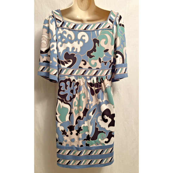 BCBGMAXAZRIA Blue Teal Damask A-Line Dress Women’s Small Raglan Sleeve - Picture 2 of 6